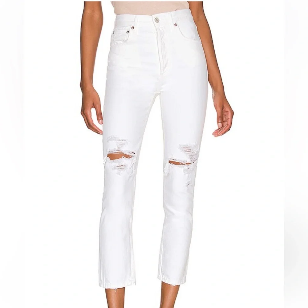 AGOLDE Riley High Rise Straight Crop Jeans Veil White‎ Distressed Womens Size 24